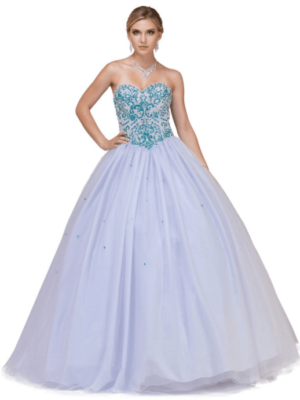 A woman in a Quinceanera ball gown posing for a picture