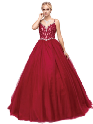 Quinceanera: A woman in a red ball gown posing for a picture
