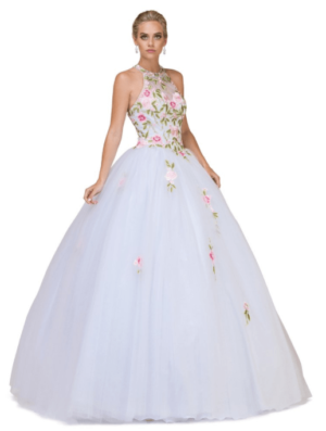 A woman in a white and pink Quinceanera gown dress