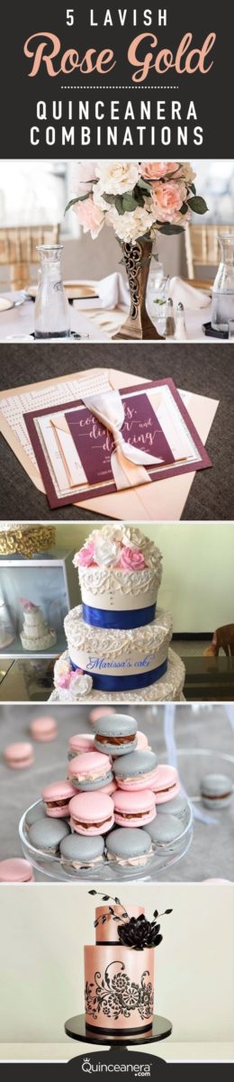 A collage of photos of a table with a Quinceañera cake on it