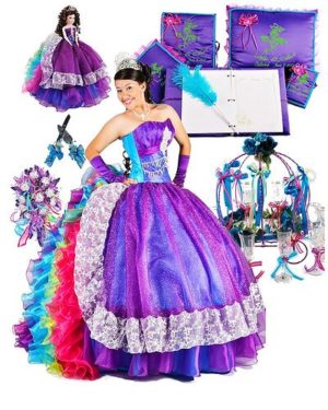 A woman wearing a gown with Quinceañera dresses in purple and blue, along with accessories.