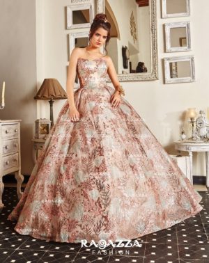 A woman in a Quinceanera gown standing in a room