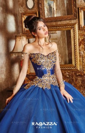 A woman in a blue and gold ball gown wearing Quinceañera dresses