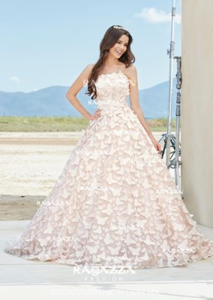 Quinceanera dress, a woman in a Quinceanera dress standing in front of a building