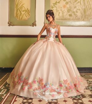 A woman in an extravagant Quinceañera dress posing for a picture