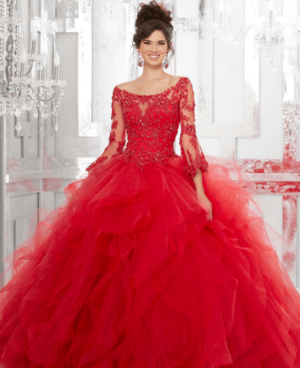 Quinceanera gown, a woman in a red dress posing for a picture