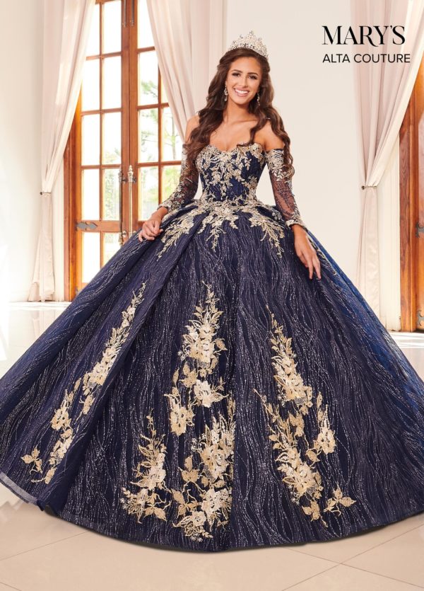 A Quinceanera gown, a woman wearing a blue and gold gown