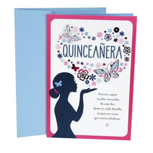 A Quinceanera birthday greeting card with a woman holding a flower in her hand