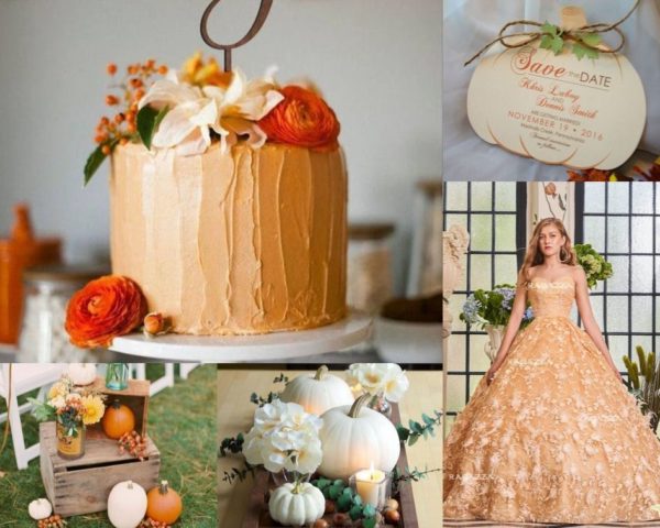 A simple Quinceanera cake adorned with Thanksgiving decorations and a collage of photos showing a young woman in a Quinceanera dress