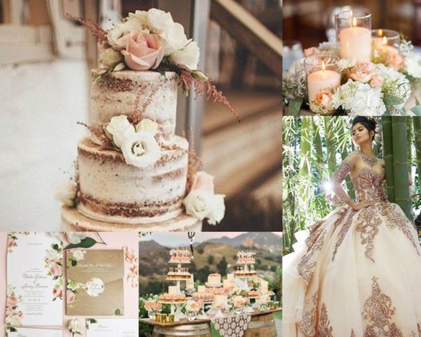 Quinceanera, a rustic wedding cake ideas Cake, along with a collage of photos of a woman in a Quinceanera dress