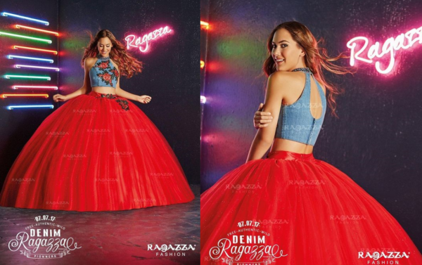 a woman in a red and blue Quinceanera dress
