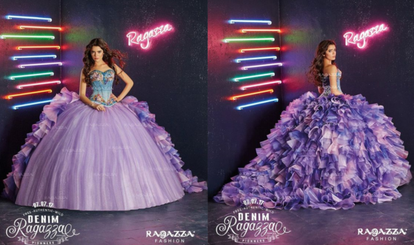 Quinceanera gown, two pictures of a woman in a purple dress