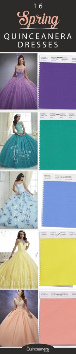 A collage of different colored Quinceañera dresses with the words 'spring Quinceanera dresses'