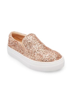 A beige shoe, a women's rose gold slip on sneakers for Quinceanera