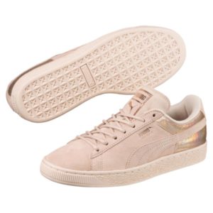 A pair of Quinceanera theme walking shoes: a trainer and a pair of Puma suede sneakers.