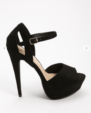 A pair of black high heeled shoes for Quinceanera on a white background
