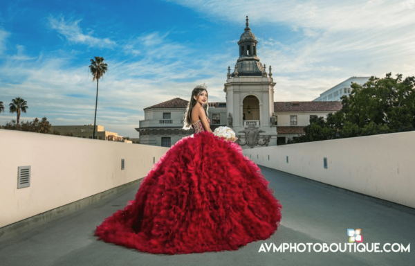 Noor Events Venue Catering: Quinceañera dresses, a woman in a long red dress posing for a picture
