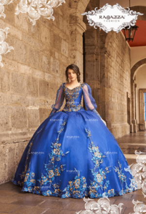 A woman in a blue dress posing for a picture wearing Quinceañera gown