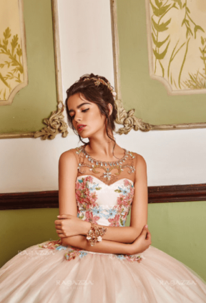 Quinceanera gown: A woman in a dress sitting on a chair