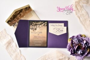 A lavender Quinceanera Invitation, featuring a beautiful purple and gold design with a charming purple flower