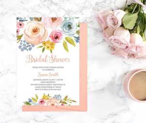 Floral design for a Quinceanera invitation with flowers and a cup of coffee.