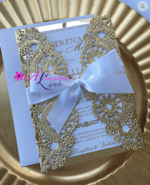 Close up of a Quinceanera invitation on a plate, perfect for Quinceanera favors