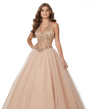 A woman in a Quinceanera gown posing for a picture