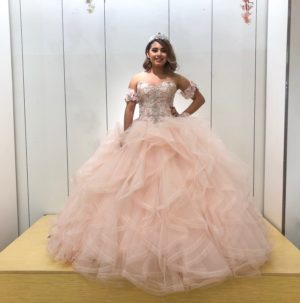 Quinceanera - A woman in a pink dress posing for a picture in a gown
