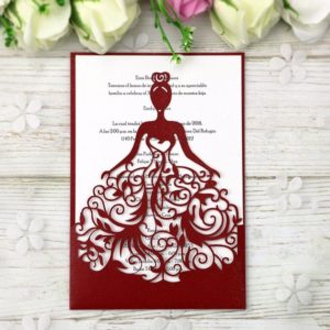 Quinceanera Invitation, a red and white card with a silhouette of a woman in a dress