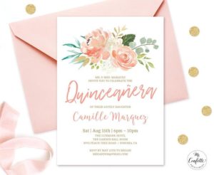 Quinceanera: A pink and white invitation with flowers for a baby shower