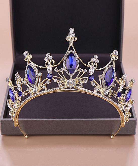 Quinceanera Cinderella crown Tiara, a gold tiara with blue crystals in a box