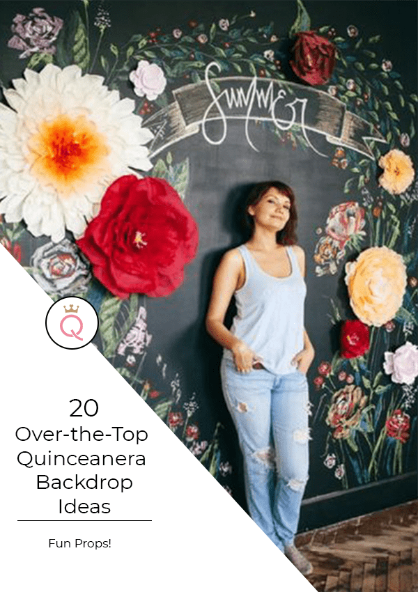 Quinceanera Selfie Wall: A woman standing in front of a chalkboard with flowers on it.