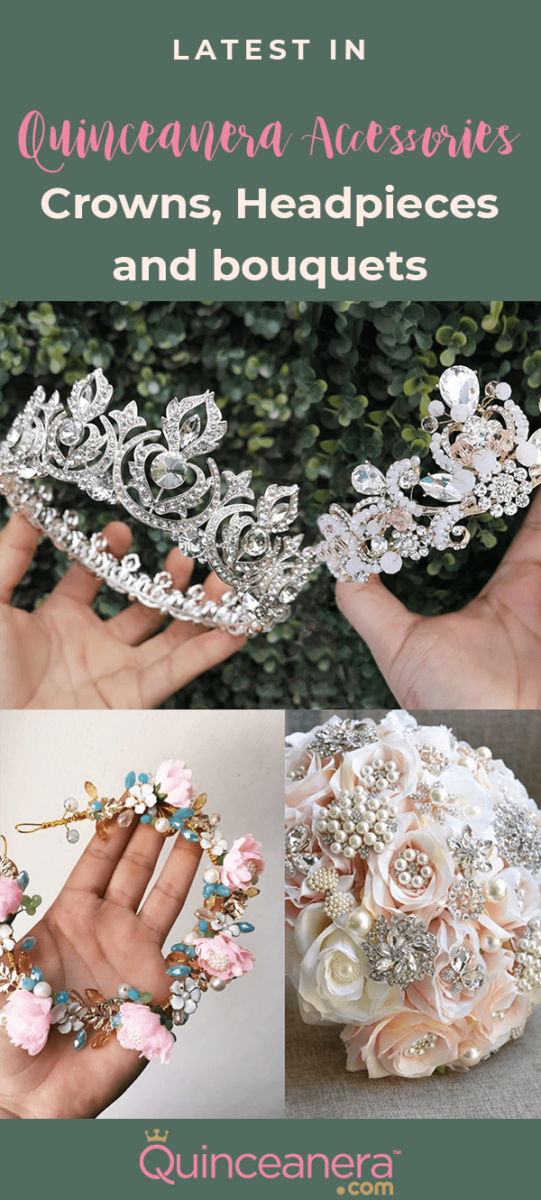 A collage of photos showcasing a woman holding a bouquet with a beautiful floral design on her nails, reflecting the theme of Quinceanera