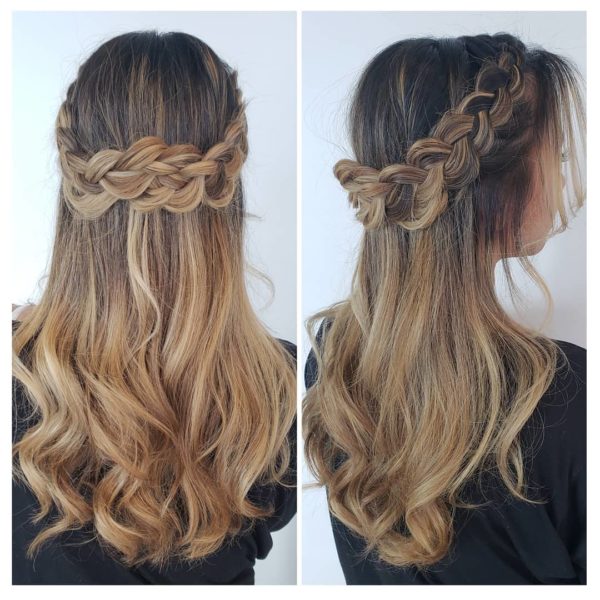 Two pictures of a woman with long blonde hair wearing a Quinceanera wig