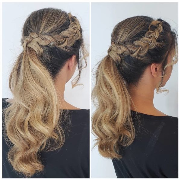Two pictures of a woman with long blonde hair. The hairstyles are suitable for a Quinceanera celebration.