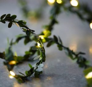 A close up of a string of light-emitting diode lights in a Quinceanera decor.