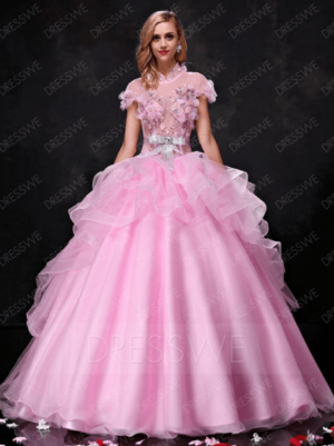 Cap Sleeves High Neck Lace-up Ball Gown Dress With Beadings And Applique