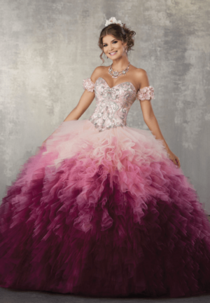 Jewel Beaded Bodice on a Ruffled Ombré Tulle Ballgown