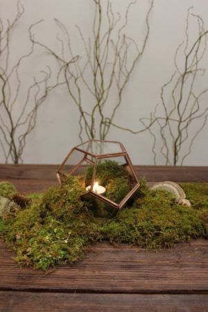 Quinceanera table decorated with moss, featuring a candle and branches
