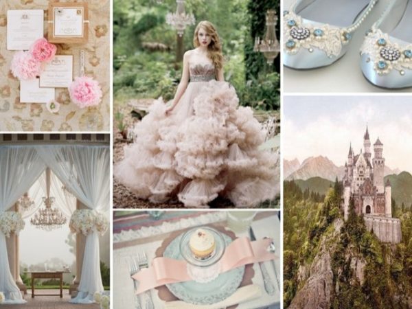 A collage of photos featuring a woman in a Quinceanera dress inspired by the Sleeping Beauty theme