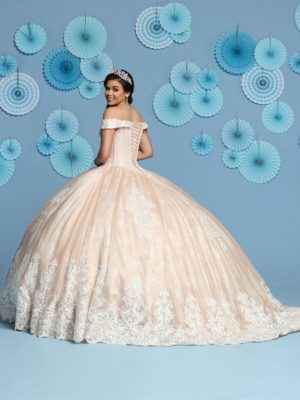 q by davinci Quinceañera dresses, a woman in a ball gown standing in front of a wall of fans