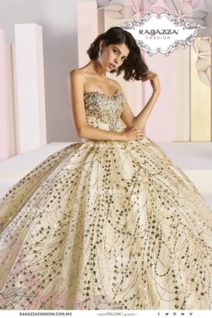 A woman in a gold Quinceañera dress posing for a picture