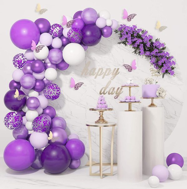 Quinceanera decorations, a purple and white birthday party with balloons