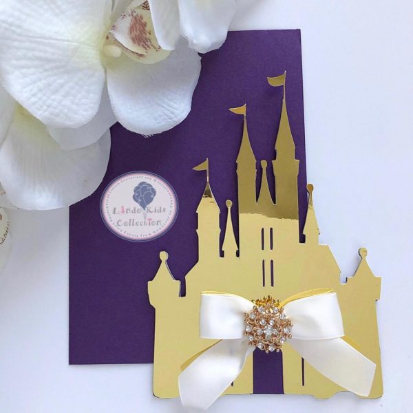 Quinceanera invitation featuring a castle with a bow on it