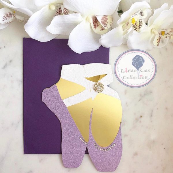 A lilac Quinceañera card with a pair of ballet shoes on it
