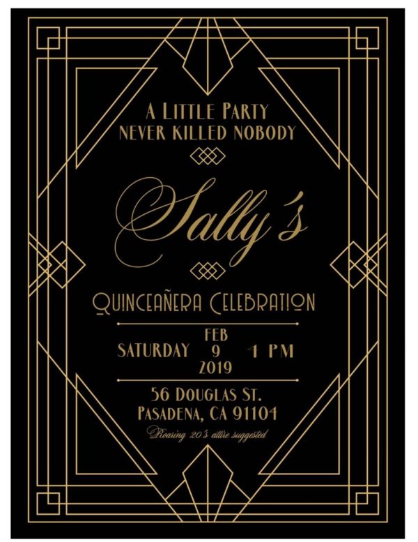 A black and gold art deco Quinceanera party invitation with a 1920s design