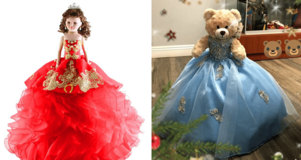 Two dolls - one of a teddy bear and one wearing a ball gown - for a Quinceanera celebration.