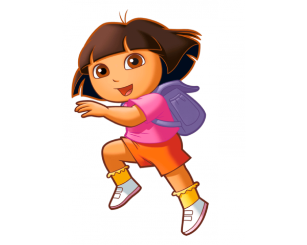 A cartoon girl with a backpack, named Dora, jumping in the air