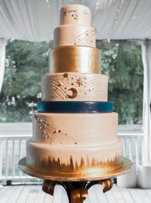 A celestial galaxy Quinceanera cake, a three tiered cake on a stand