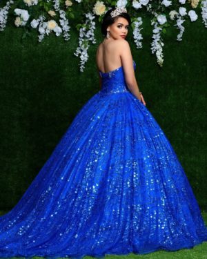 A woman in a blue ball gown with stars, standing in front of flowers